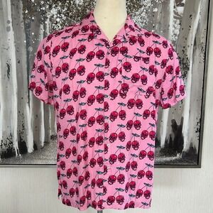 Super Massive Men's Lightweight Cherry Skull Print Collared Button Up Shirt- L